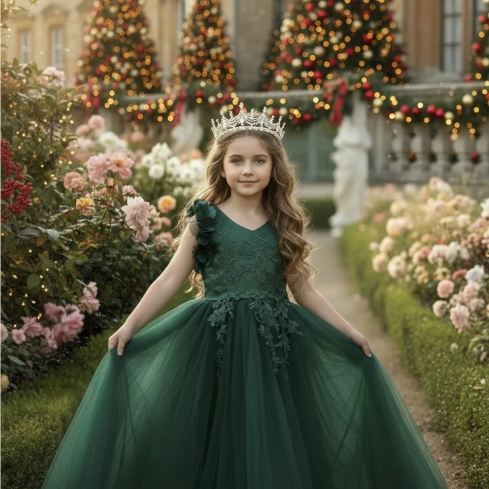 Charming Green Kids Dress with Floral Accents